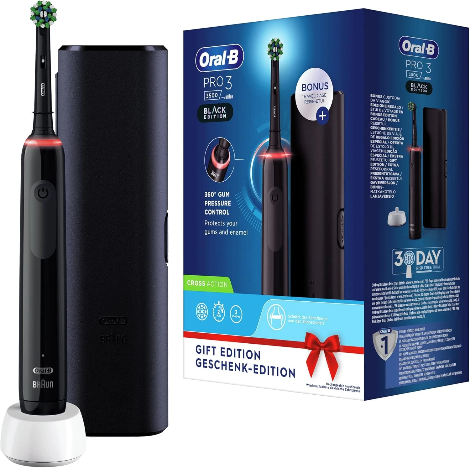 مسواک برقی اورال بی مدل Oral-B Pro 3 – 3500 BLACK EDITION مشکی با سنسور فشار و کیف مسافرتی