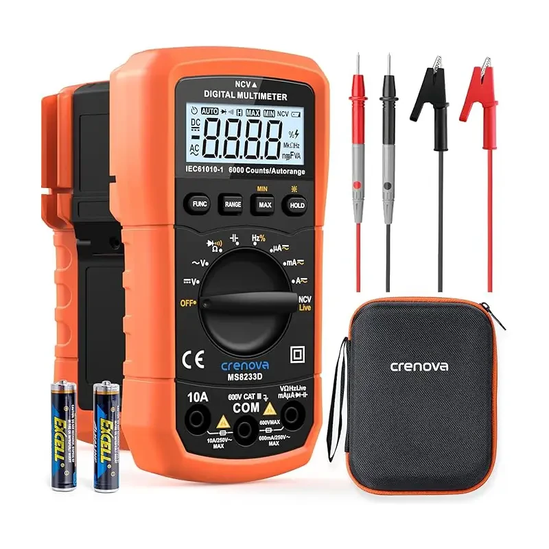مولتی‌متر دیجیتال Crenova MS8233D با شمارش ۶۰۰۰، اندازه‌گیری ولتاژ، جریان، مقاومت و تست NCV