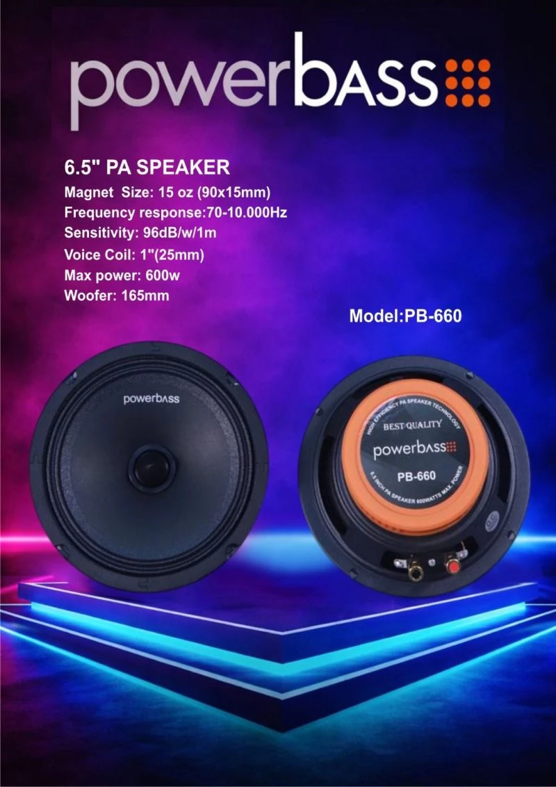 میدرنج 6.5 اینچ پاوربیس مدل PB-660 با توان 600 وات