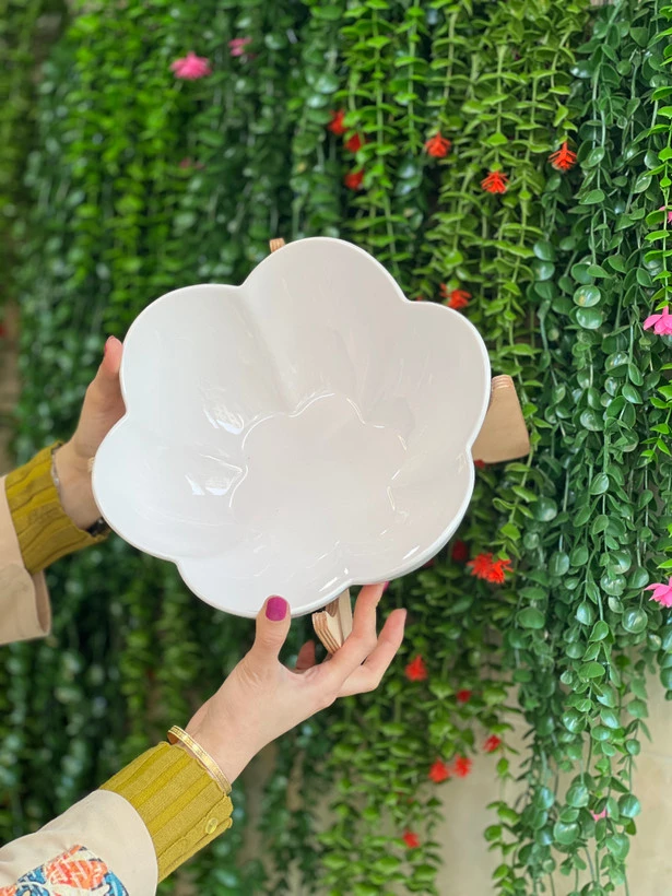 میوه خوری سرامیکی سفید پایه چوبی