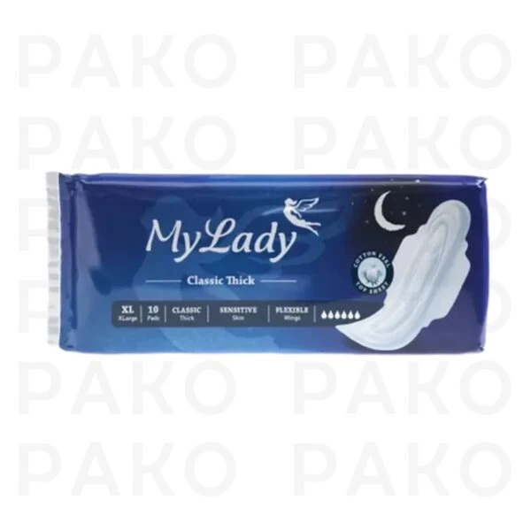 نوار بهداشتي بالدار ضخيم كتان MyLady ماي ليدي مدل Classic Sensitive خيلي بزرگ بسته 10 عددي