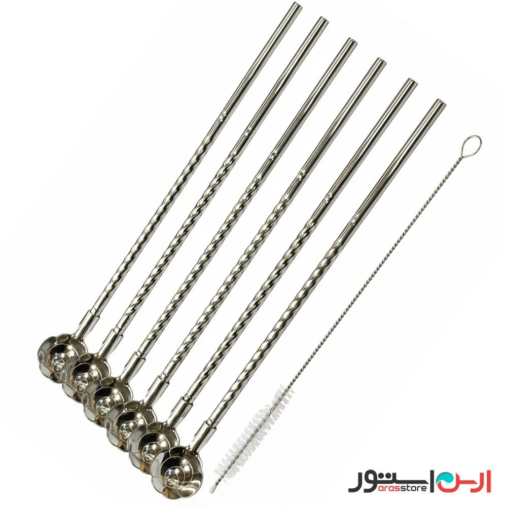 نی قاشقی استیل + نی‌شور (قاشق شربت خوری نی دار) ۶ تایی نگیر و رنگ ثابت مدل رز