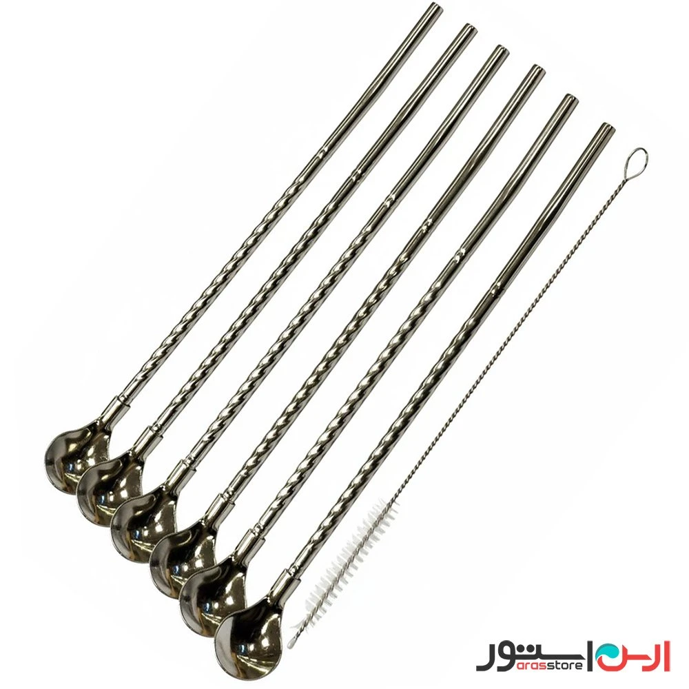 نی قاشقی استیل + نی‌شور (قاشق شربت خوری نی دار) ۶ تایی نگیر و رنگ ثابت مدل سر گرد