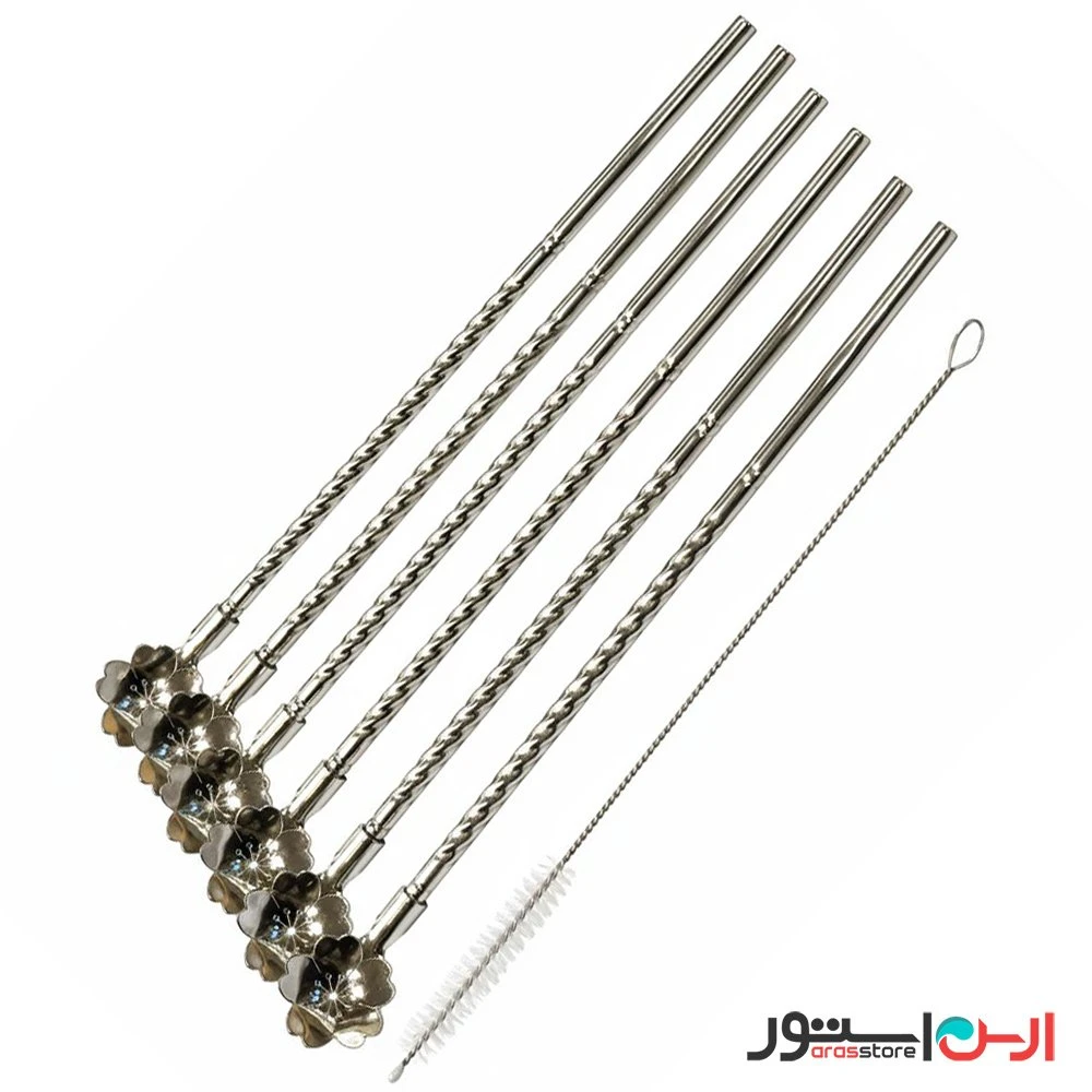 نی قاشقی استیل + نی‌شور (قاشق شربت خوری نی دار) ۶ تایی نگیر و رنگ ثابت مدل گل