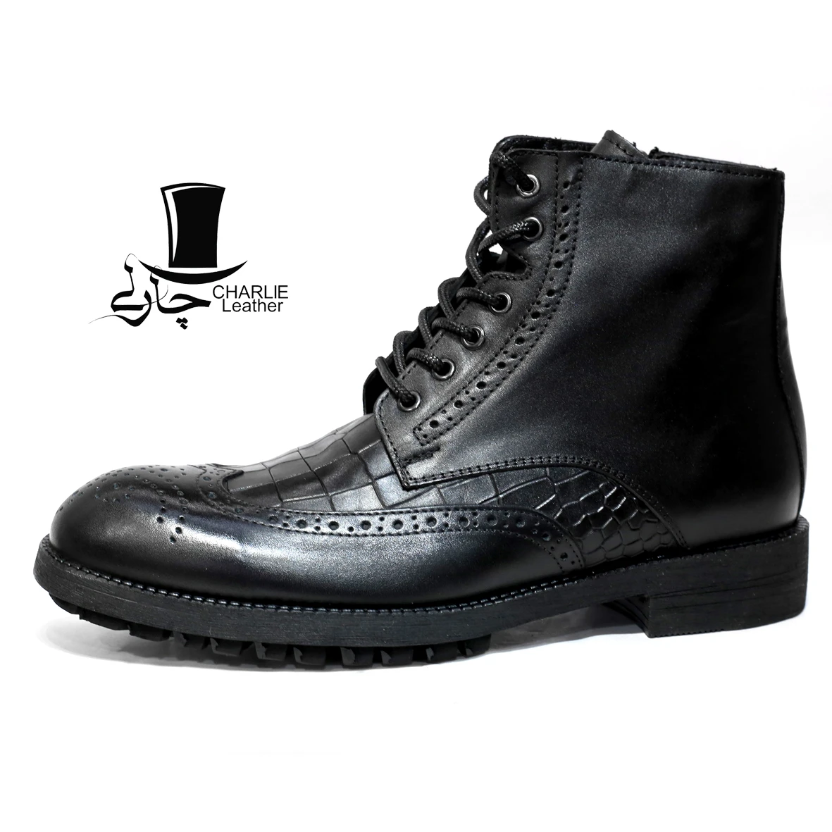 نیم بوت چرم مردانه مدل گریم رویه کروکودیل مشکی