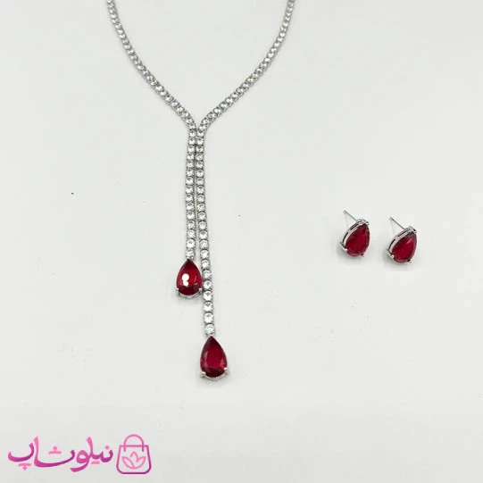 نیم ست زنانه تنیسی آویز بلند با کریستال اشکی قرمز کد 600