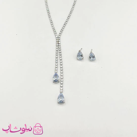 نیم ست زنانه تنیسی آویز بلند طرح کریستال اشکی آبی روشن کد 600