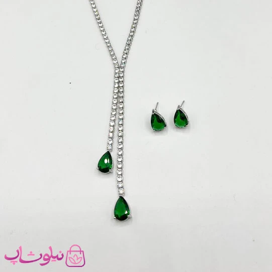 نیم ست زنانه تنیسی آویز بلند طرح کریستال اشکی سبز کد 600