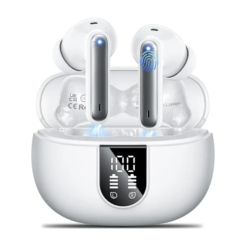 هدفون بی‌سیم A60PRO بلوتوث 5.3 با 4 میکروفون حذف نویز ENC، پخش 42 ساعته، نمایشگر LED و استاندارد ضدآب IPX6 – سفید