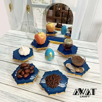 هفت سین چوب و رزین پایه دار 12 تکه آبی کاسپین