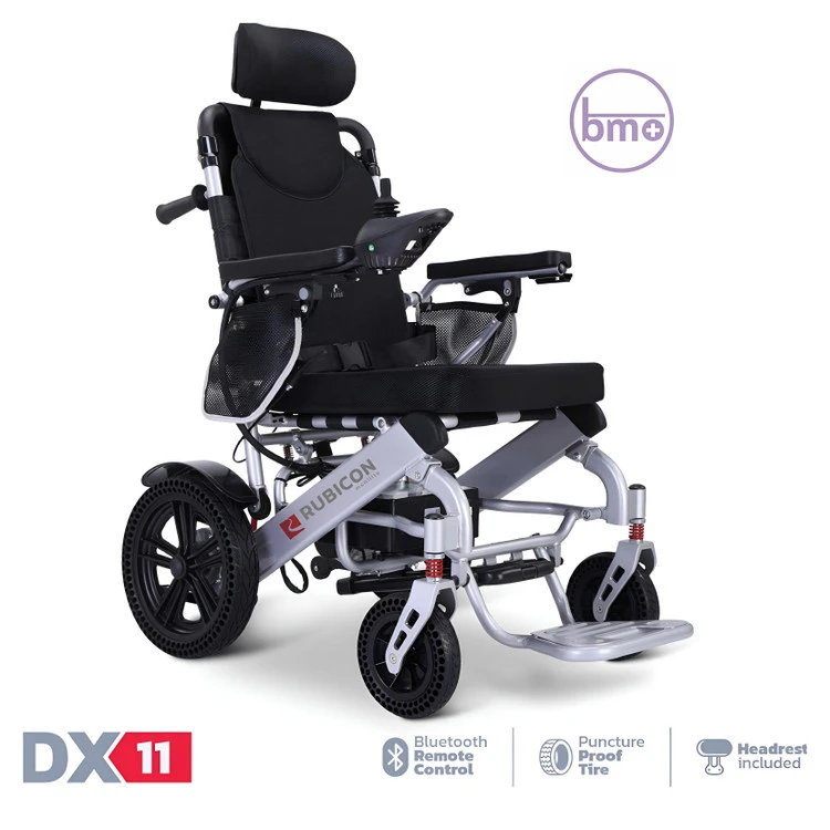 - ویلچر برقی روبیکن DX11 تاشو با تکیه‌گاه و زیر سر قابل تنظیم