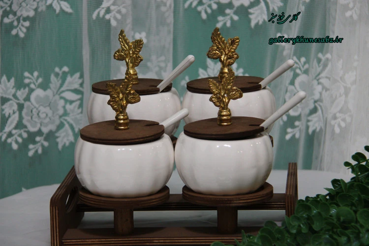 پا سماوری ۴ پارچه سرامیکی استند چوبی