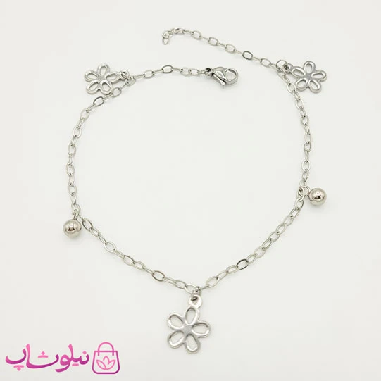 پابند زنانه استیل با آویز گل نقره ای