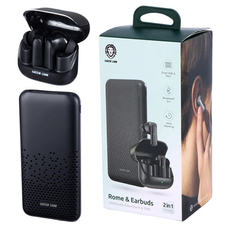 پاوربانک 10 هزار و ایرپاد گرین لاین rome & earbuds 10K