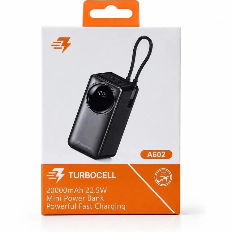پاوربانک 20000 میلی‌آمپرساعت TurboCell A602 | شارژ سریع، نمایشگر دیجیتال و ظرفیت بالا