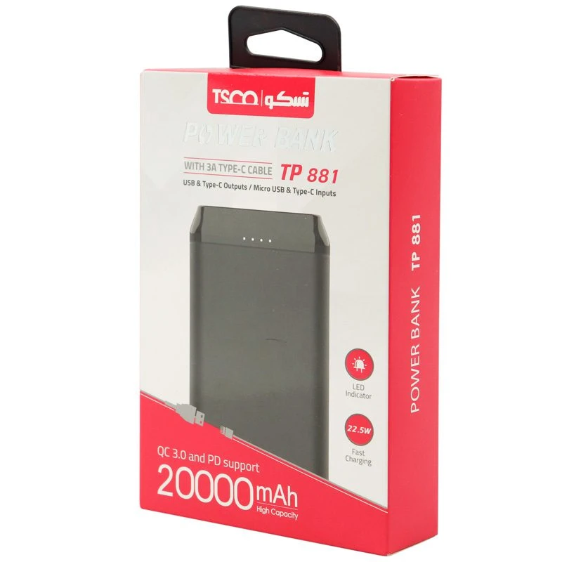 پاوربانک 22.5 وات تسکو مدل TP881 ظرفیت 20000 میلی آمپر