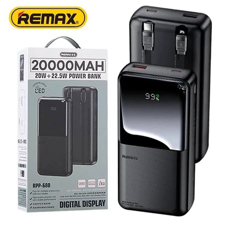 پاوربانک اصلی ریمکس 20 هزار میلی آمپر مدل RPP-680 فست شارژ با کابل سر خود