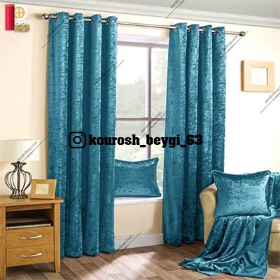 پرده آماده مخمل شانل آبی فیروزه ای