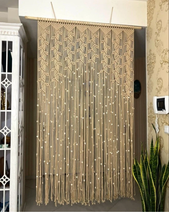 پرده مکرومه طرح شاخ و برگ مهره دار