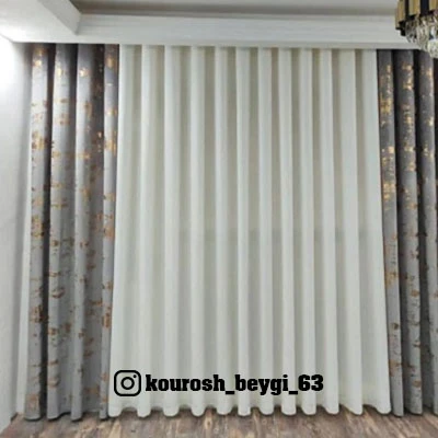 پرده پنجره۳متری پانچ شده حریر کرپ شاین و مخمل کالیفرنیا طلاکوب قد۲۸۰