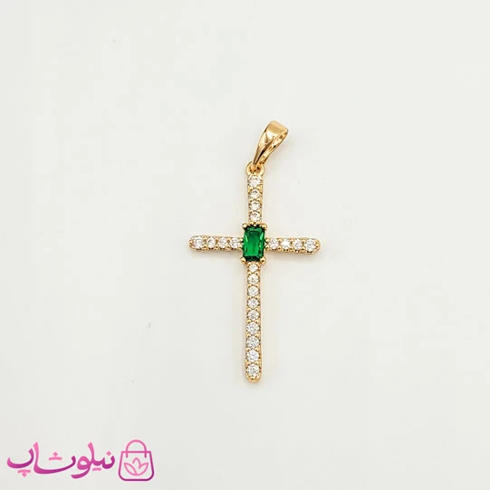 پلاک زنانه ژوپینگ مدل صلیب نگین سبز کد 2291