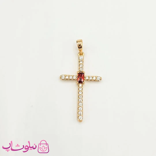 پلاک زنانه ژوپینگ مدل صلیب نگین قرمز کد 1191