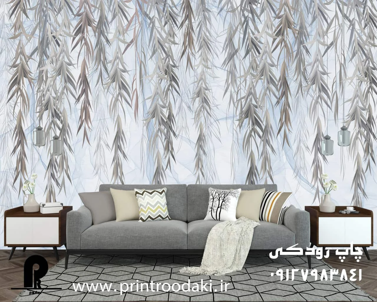 پوستر دیواری برگ درخت بید بکگراند آبی