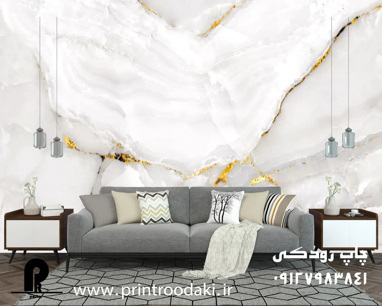 پوستر دیواری سنگ ماربل سفید طوسی با رگه های طلایی