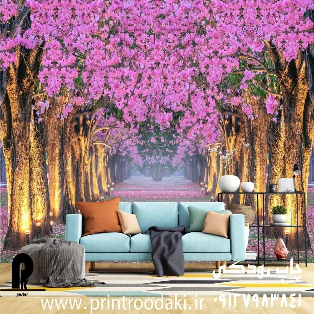 پوستر دیواری سه بعدی باغ با درختان صورتی و نورپردازی حرفه ای