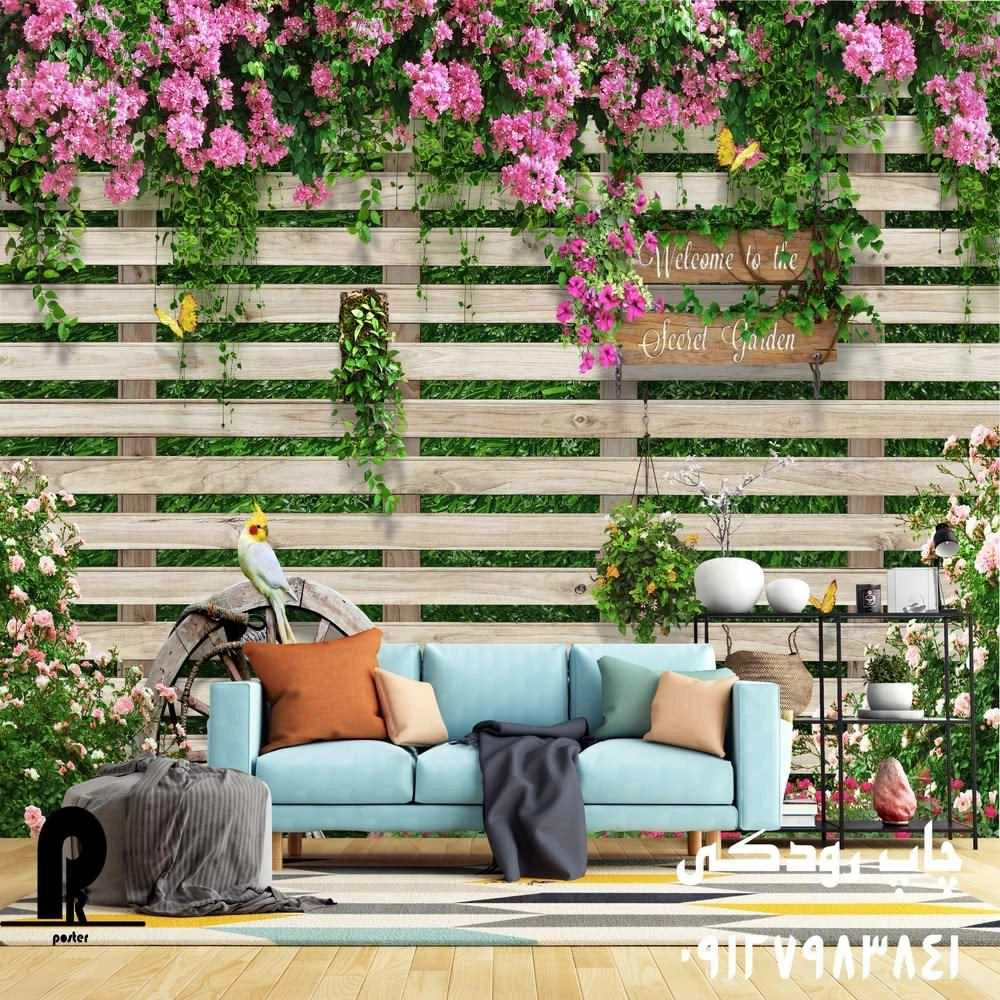 پوستر دیواری نرده چوبی با گل های رنگی و عروس هلندی