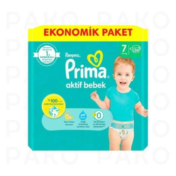 پوشک بچه پریما سایز 7 مدل Aktif Bebek بسته 34 عددی prima