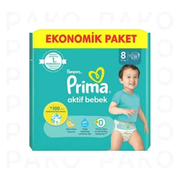پوشک بچه پریما سایز 8 مدل Aktif Bebek بسته 31 عددی prima