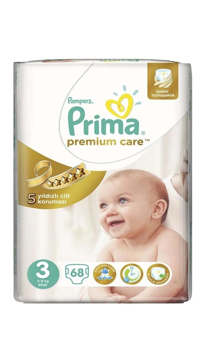 پوشک پریما پمپرز سفید ضد حساسیت سایز 3 تعداد 68 عددی pampers prima