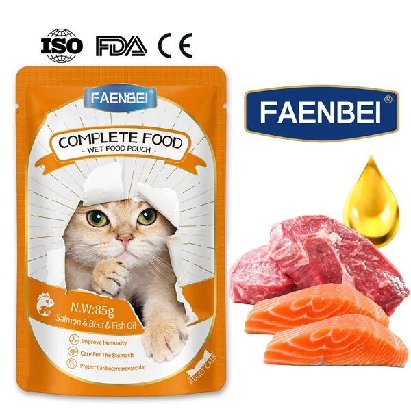 پوچ گربه فنبی با طعم سالمون، بیف و روغن ماهی Faenbei Cat Pouch With Salmon Beef & Fish Oil وزن 85 گرم