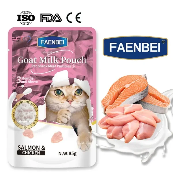 پوچ گربه فنبی با طعم سالمون و مرغ در شیر بز Faenbei Cat Goat Milk with Salmon & Chicken Pouch وزن 85 گرم