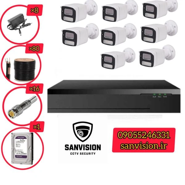 پک کامل 8 عددی دوربین مداربسته برایتون +دوربین دید درشب رنگی + انتقال تصویر سرور ایرا