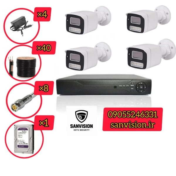 پک کامل دوربین مداربسته 4 عددی فول پک هارد، کابل، BNC و آداپتور +دوربین مداربسته دید درشب رنگی +انتقال تصویر سرور ایرانی