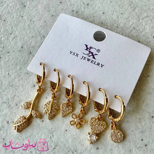 پک گوشواره زنانه YSX مدل گل رز و برگ و قلب طلایی رنگ کد 4791