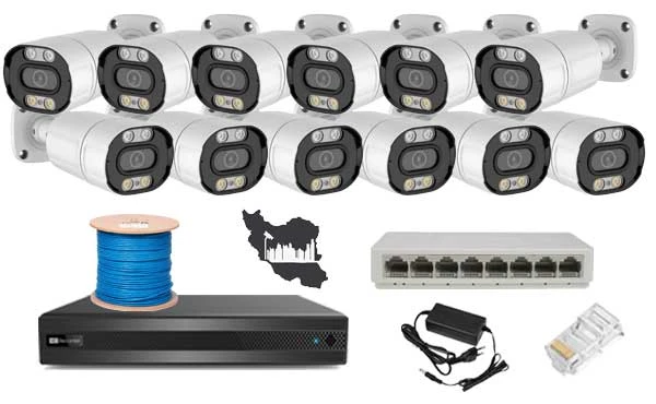 پکیج دوربین مداربسته IP پنج مگاپیکسل دوازده عددی مناسب باغ و کارخانه حرفه ای