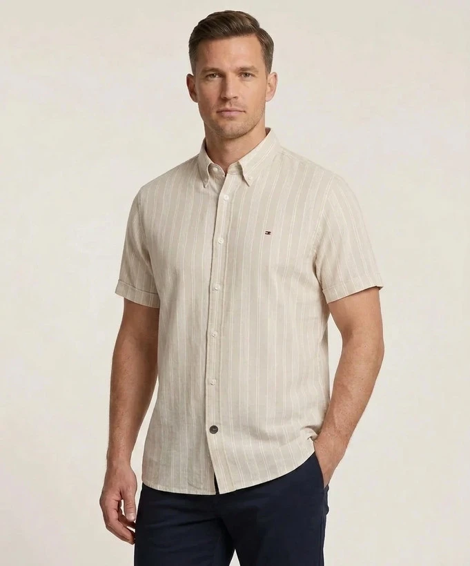 پیراهن آستین کوتاه مردانه راه‌راه ۱۰۰٪ کتان Tommy Hilfiger مدل Slim Fit