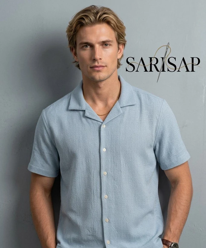 پیراهن آستین کوتاه کنفی ZARA یقه کوبایی رنگ آبی روشن بافت‌دار
