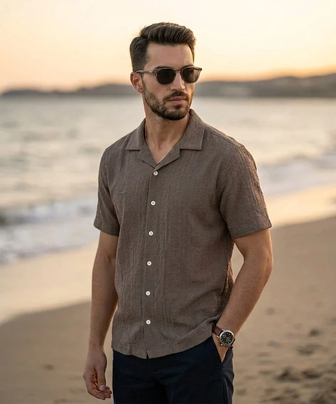پیراهن آستین کوتاه کنفی ZARA یقه کوبایی رنگ قهوه‌ای سنگی