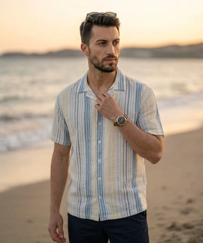 پیراهن آستین کوتاه کنفی ZARA یقه کوبایی طرح راه‌راه رنگی (آبی و زرد)