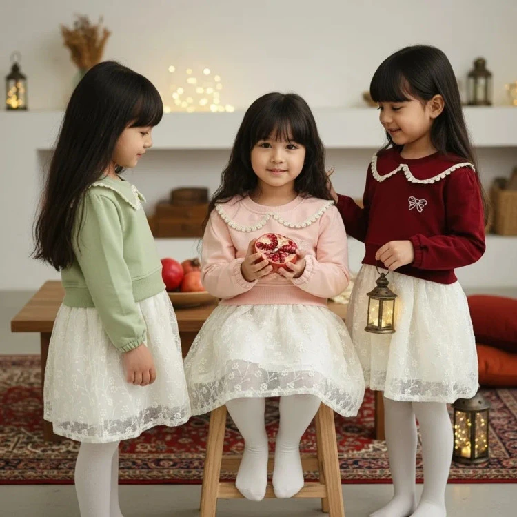 پیراهن دخترانه مجلسی یقه گرد دانتل دار پاپیون دار مناسب 2 تا 9 سال