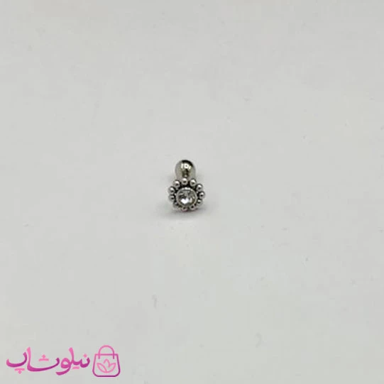 پیرسینگ گوش طرح تک نگین سفید نقره ای کد 45