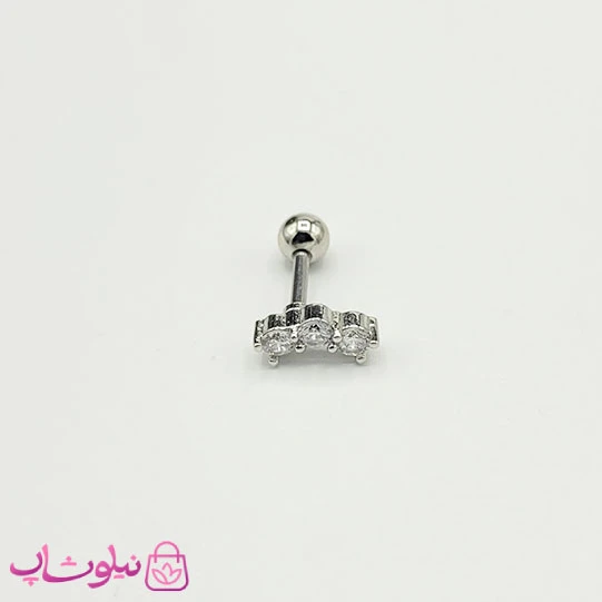 پیرسینگ گوش نقره‌ای طرح سه نگین‌ سفید