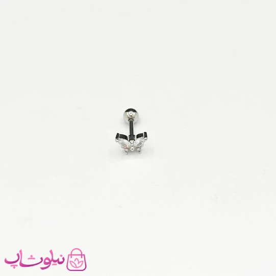 پیرسینگ گوش نقره‌ای طرح پروانه نگین‌ دار