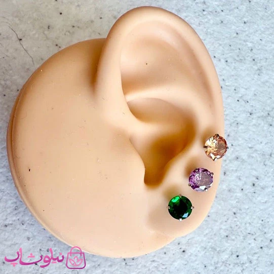 پیرسینگ گوش پایه نقره ای مدل دایره نگین رنگی کد 599
