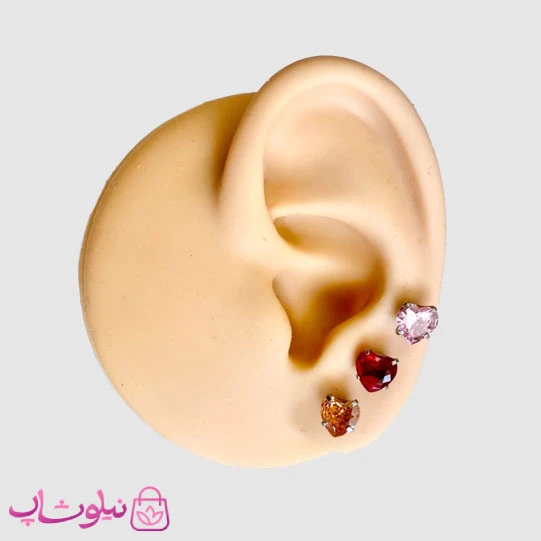 پیرسینگ گوش پایه نقره ای مدل قلب نگین رنگی کد 599
