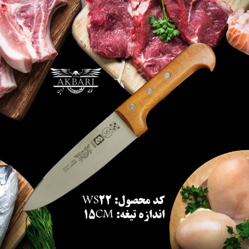 چاقو آشپزخانه اکبری مدل WS22 با دسته چوبی تیغه فولاد ضد زنگ